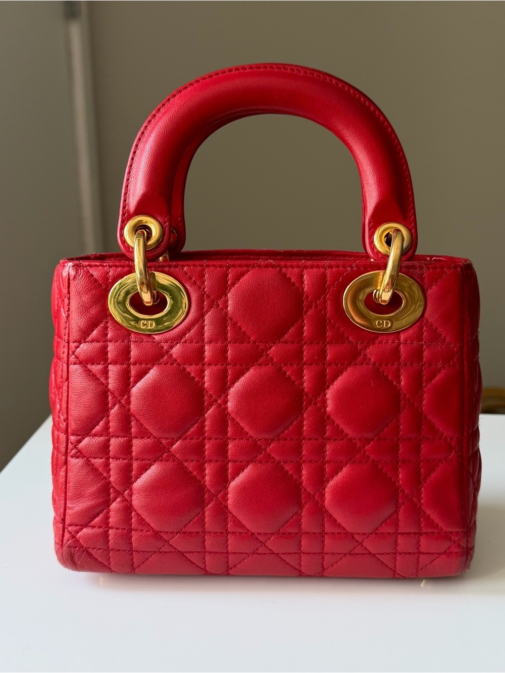 Christian Dior Lady Dior Mini Cannage Lambskin Bag Red Gold Hardware w/ Strap - Picture 2 of 13